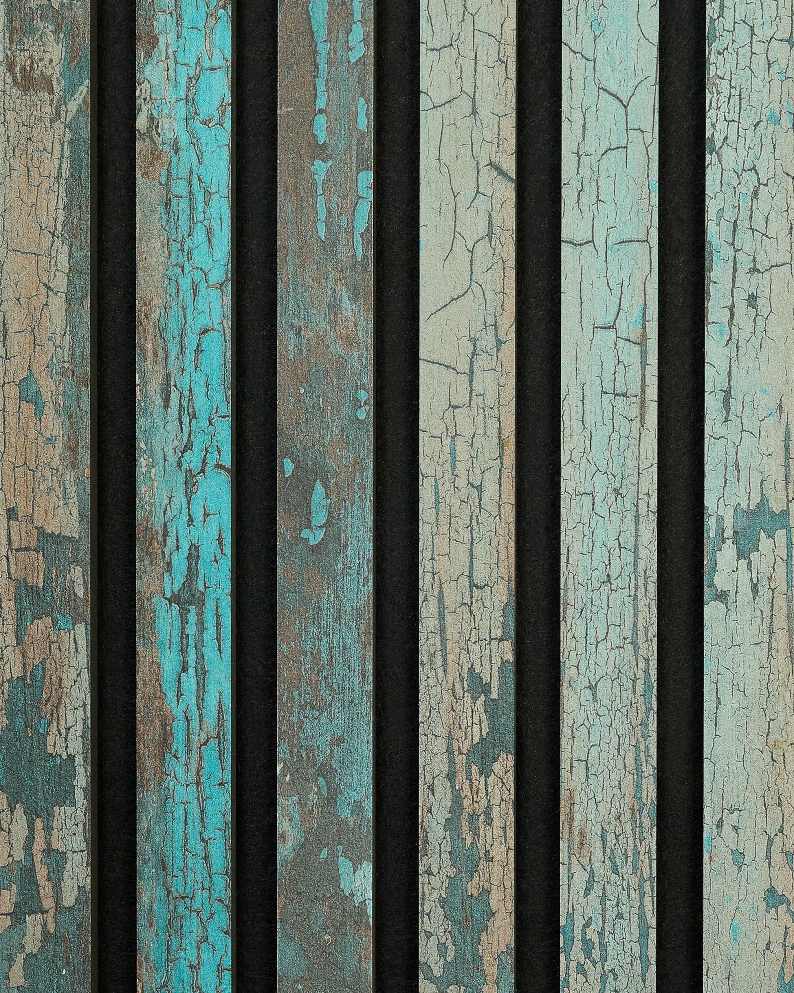 WoodUpp Rebel | Amostra / Akupanel Azul Óxido com lamelas de madeira envelhecida, tons azul-esverdeados, fendas visíveis e espaços vertical escuros para um visual nórdico rústico.