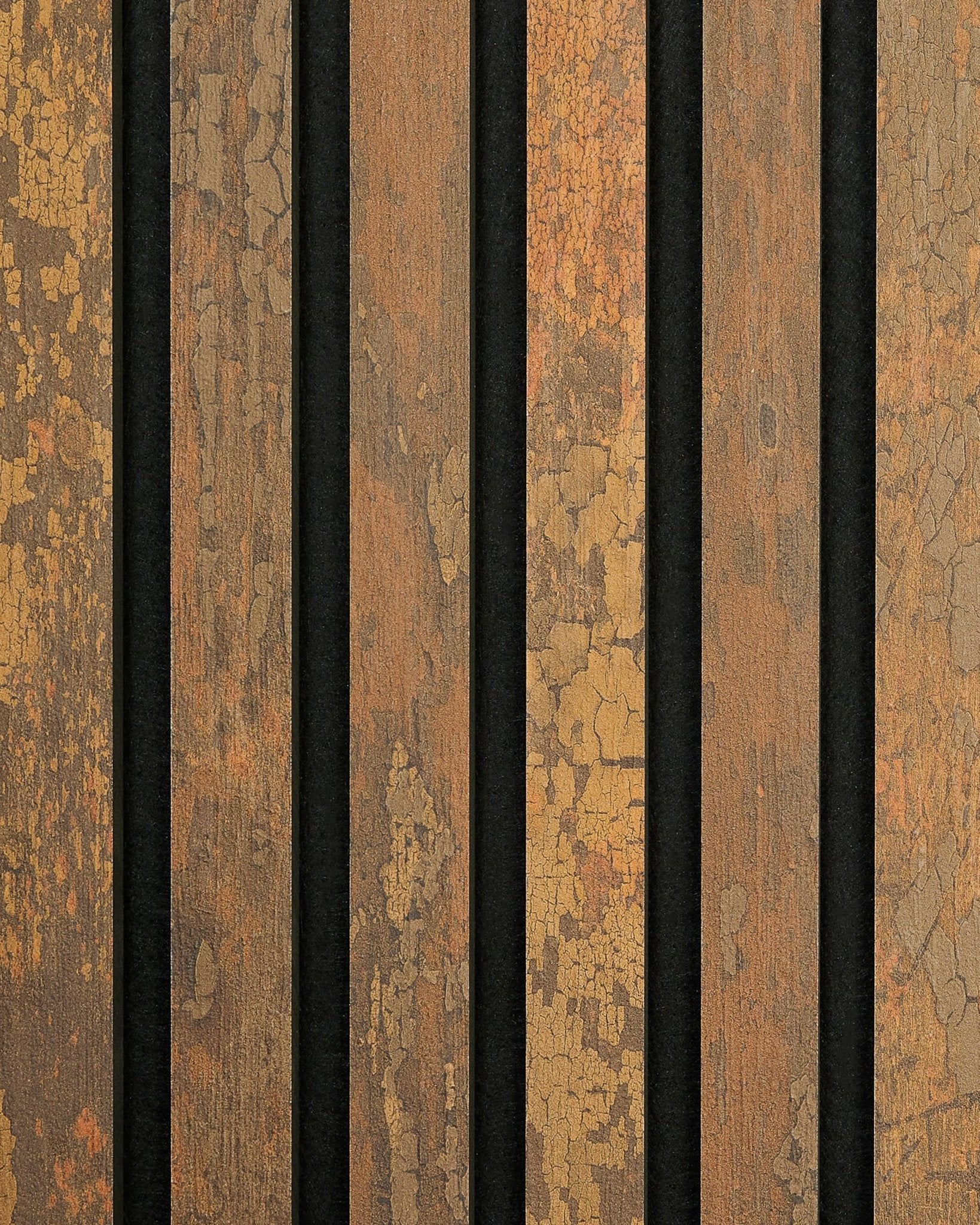 O Rebel | Amostra / Copper Oxide da WoodUpp apresenta tábuas Painel acústico brown vertical rústicas, com um aspeto desgastado e vintage.