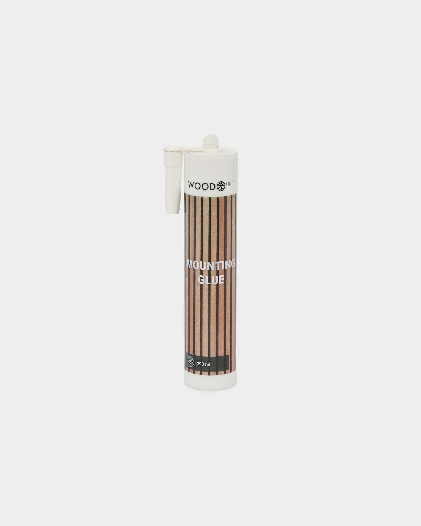 Tubo de 290 ml de Cola de Montagem WoodUpp com uma etiqueta às riscas brown e bico aplicador, concebido para a instalação segura dos painéis acústicos Akupanel.