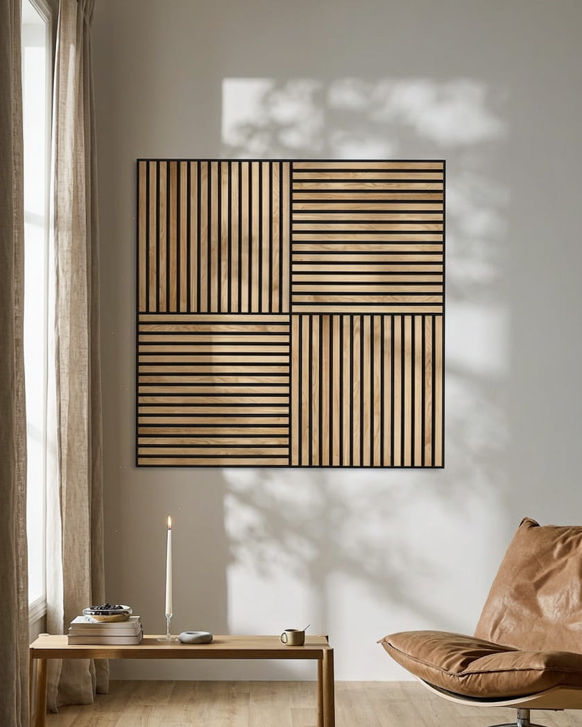 Sala de estar moderna com uma cadeira em pele, uma vela acesa e WoodUpp Akupixel Painel acústico em Rustic Natural Oak, a projetar sombras geométricas na parede.