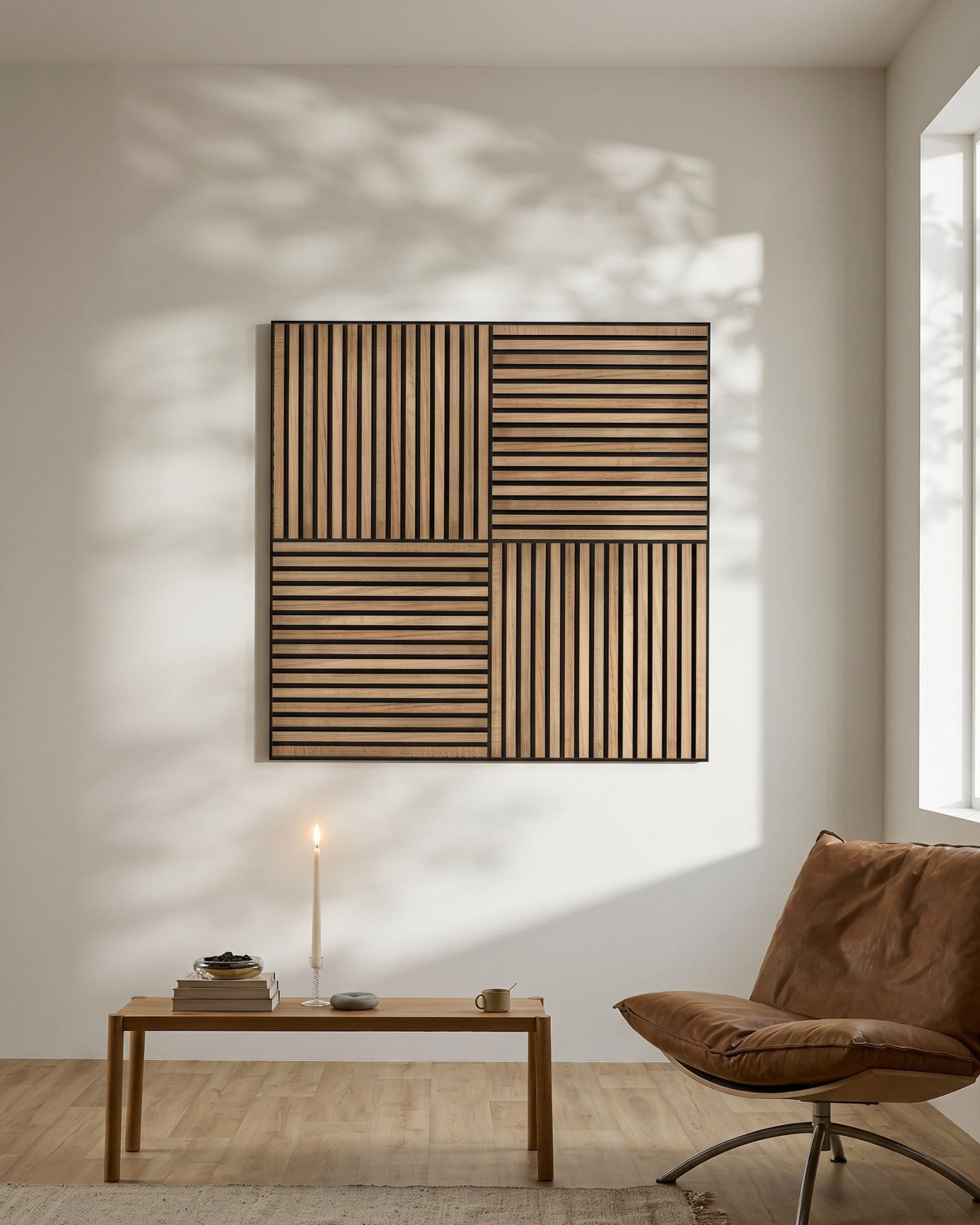 Divisão nórdica minimalista com um WoodUpp Akupixel Walnut Painel acústico na parede, uma vela acesa sobre uma mesa baixa, livros e uma cadeira brown junto a uma janela.