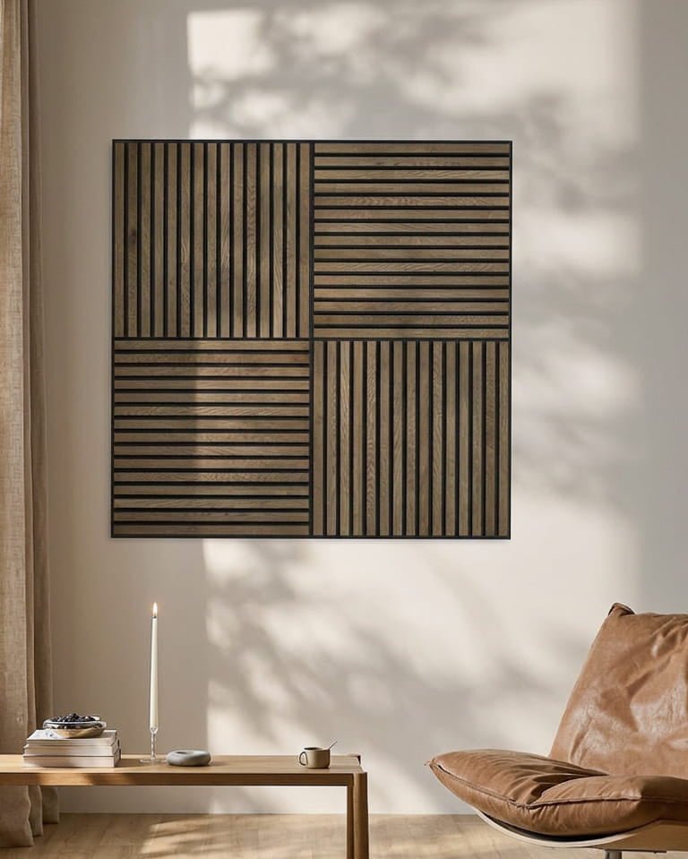 Espaço minimalista com uma cadeira de pele, uma vela e o WoodUpp Akupixel Painel acústico em grey oak, projetando sombras geométricas na parede.