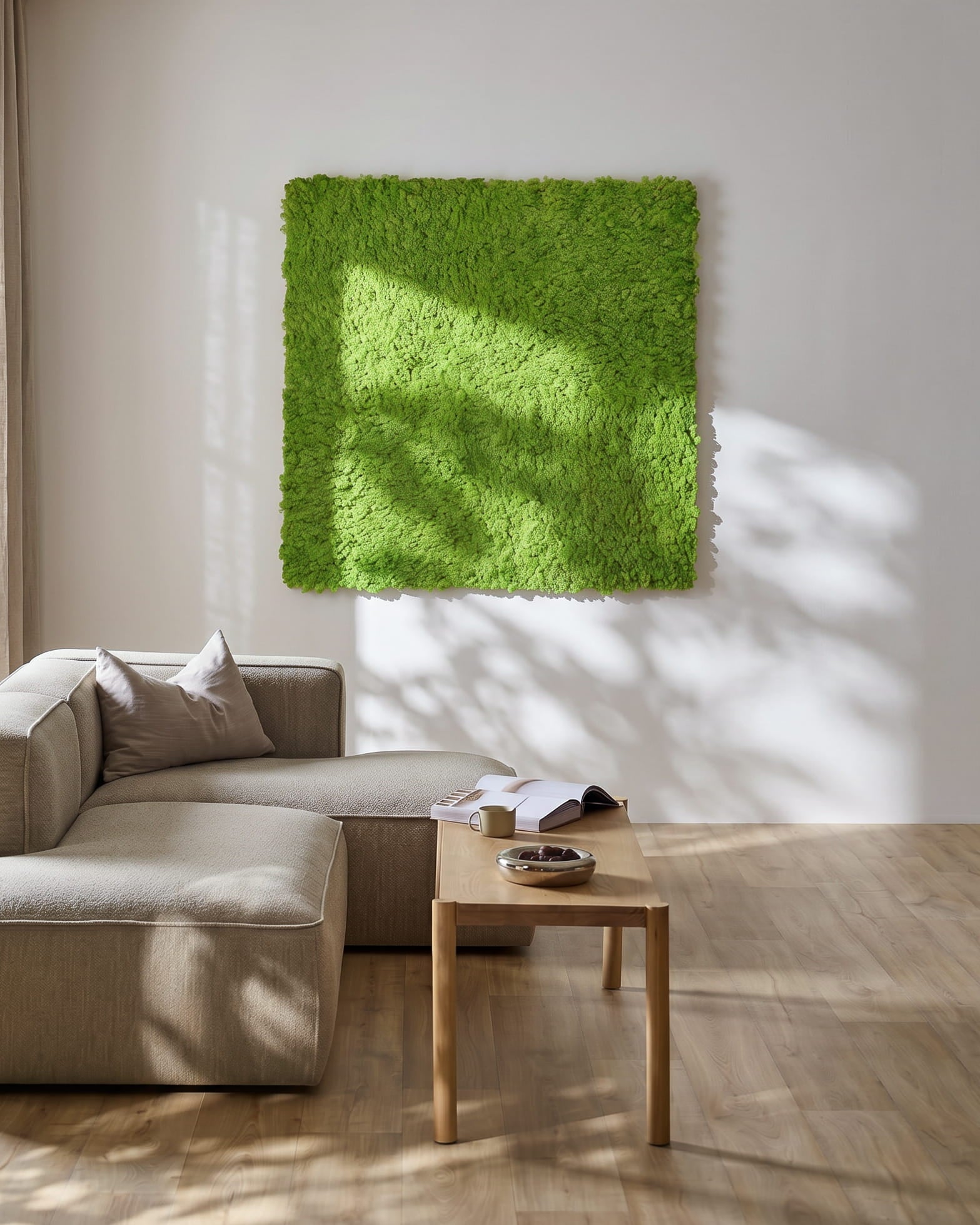 Sala de estar moderna com um sofá beige e o WoodUpp Akupixel Painel acústico em Moss / Apple Green, 60x60cm, montado na parede. A luz do sol projeta sombras nas proximidades.
