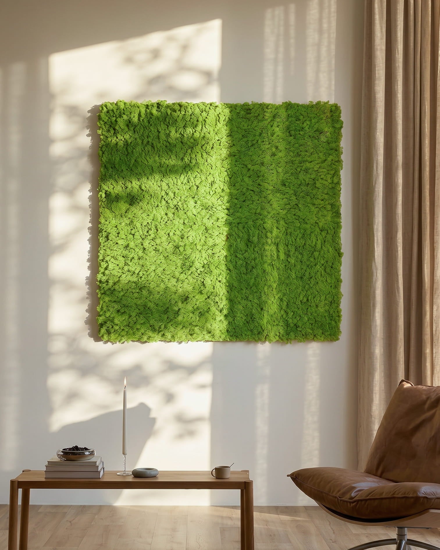Akupixel Painel acústico em Moss / Apple Green, 60 x 60 cm da WoodUpp, montado numa parede iluminada pelo sol por cima de uma mesa small e cortinas beige.