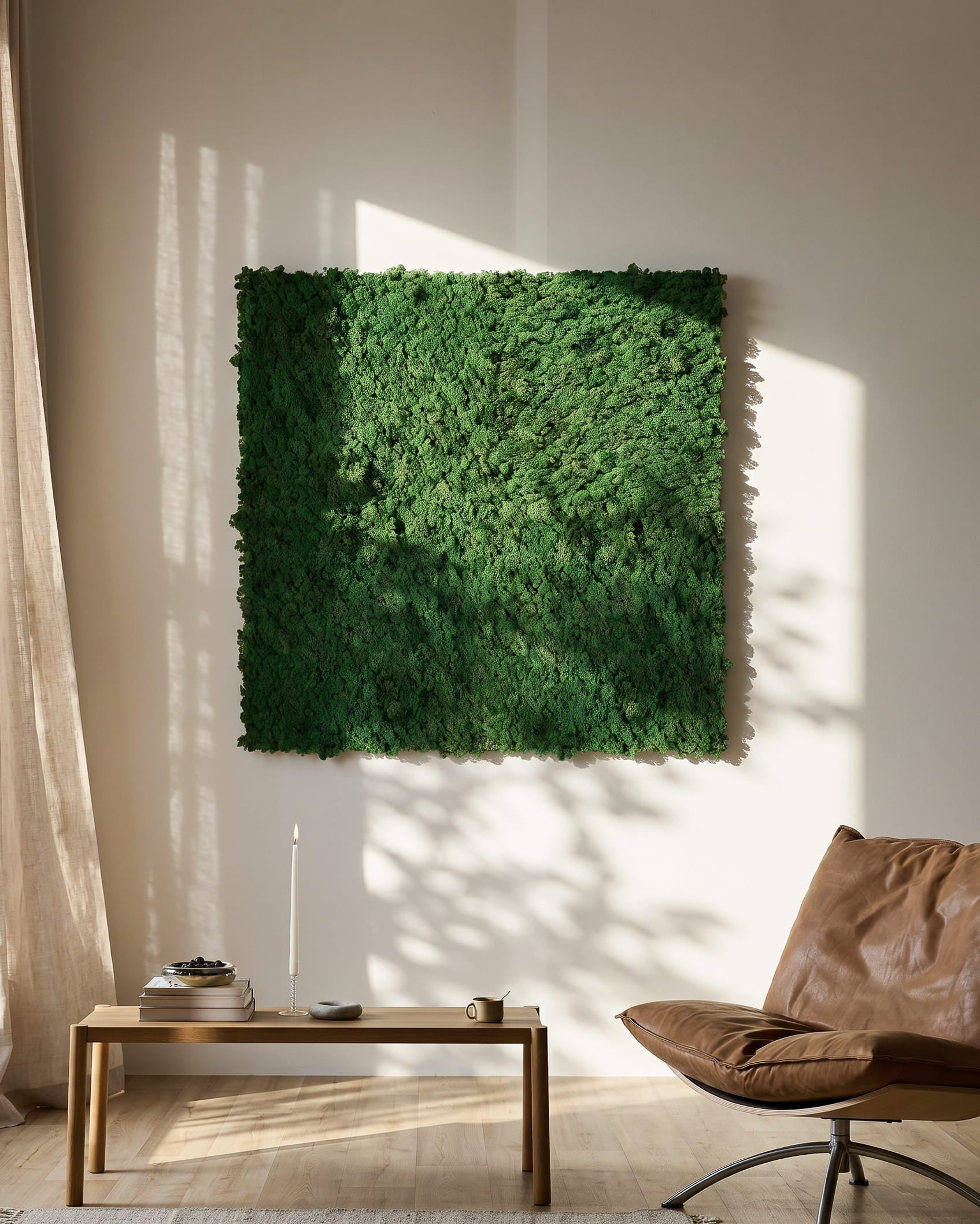 WoodUpp Akupixel Moss Green Painel acústico (60x60 cm) montado numa parede beige por cima de uma mesa minimalista e de uma cadeira em pele brown.