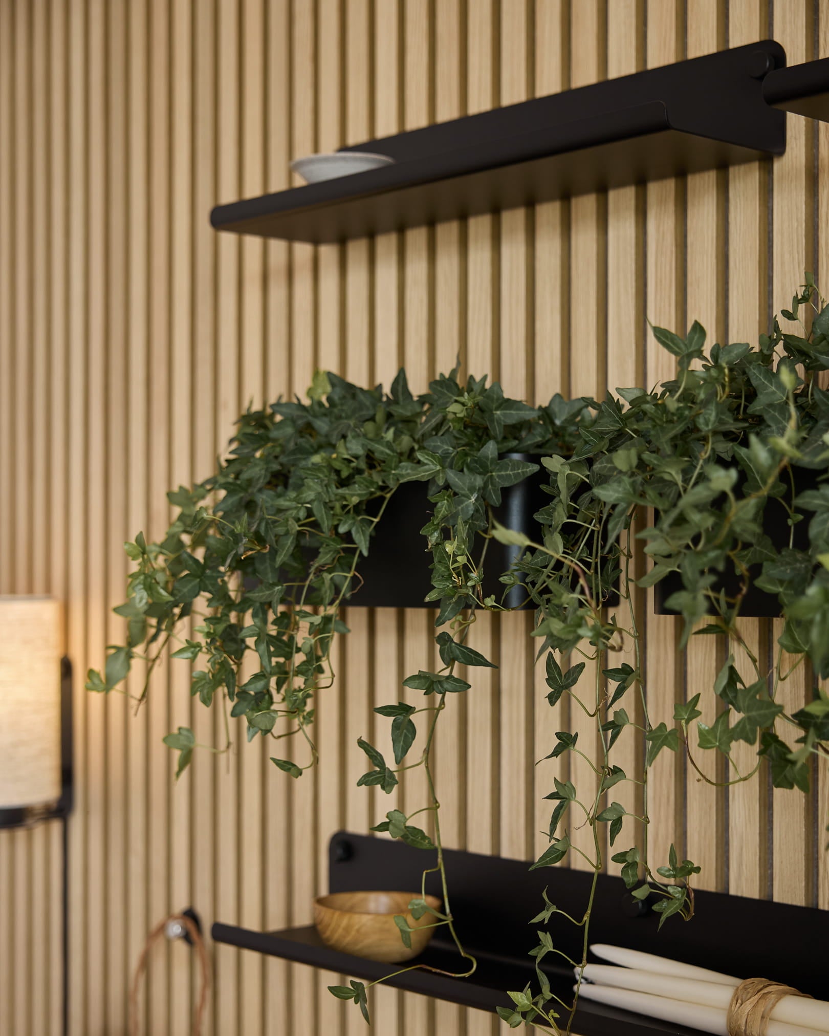 Parede acústica em ripas de madeira Akupanel Vertical com prateleiras black, decoração minimalista, apontamentos verdes e uma Plant Box WoodUpp Norr black (35,9 cm).