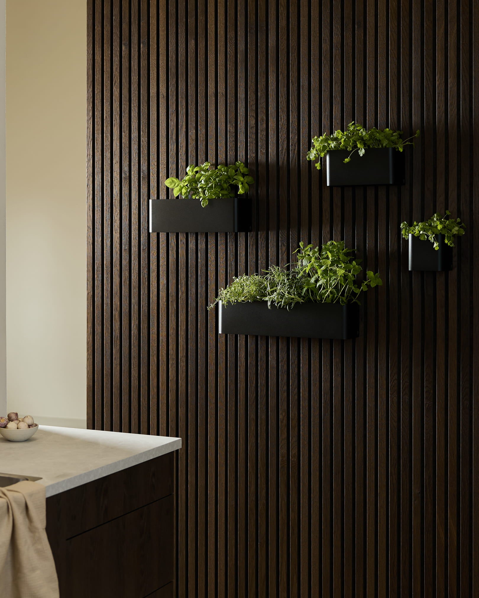 Vasos de parede Black e uma Plant Box WoodUpp Norr com ervas aromáticas verdes num Akupanel Painel acústico de madeira escura, numa cozinha moderna.