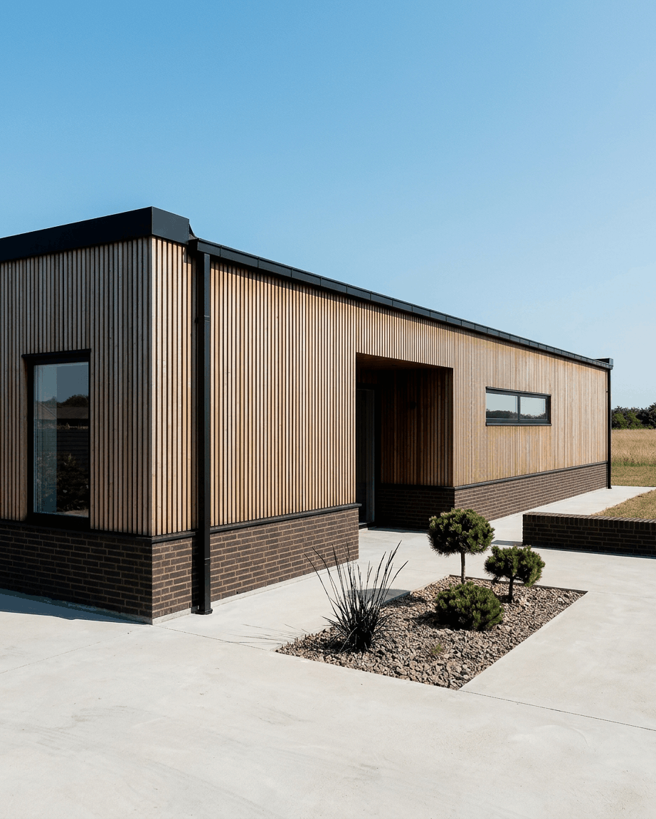 Casa térrea com painéis de fachada WoodUpp Aluwood em Thermowood brown, base em tijolo escuro, janelas large e paisagismo minimalista.