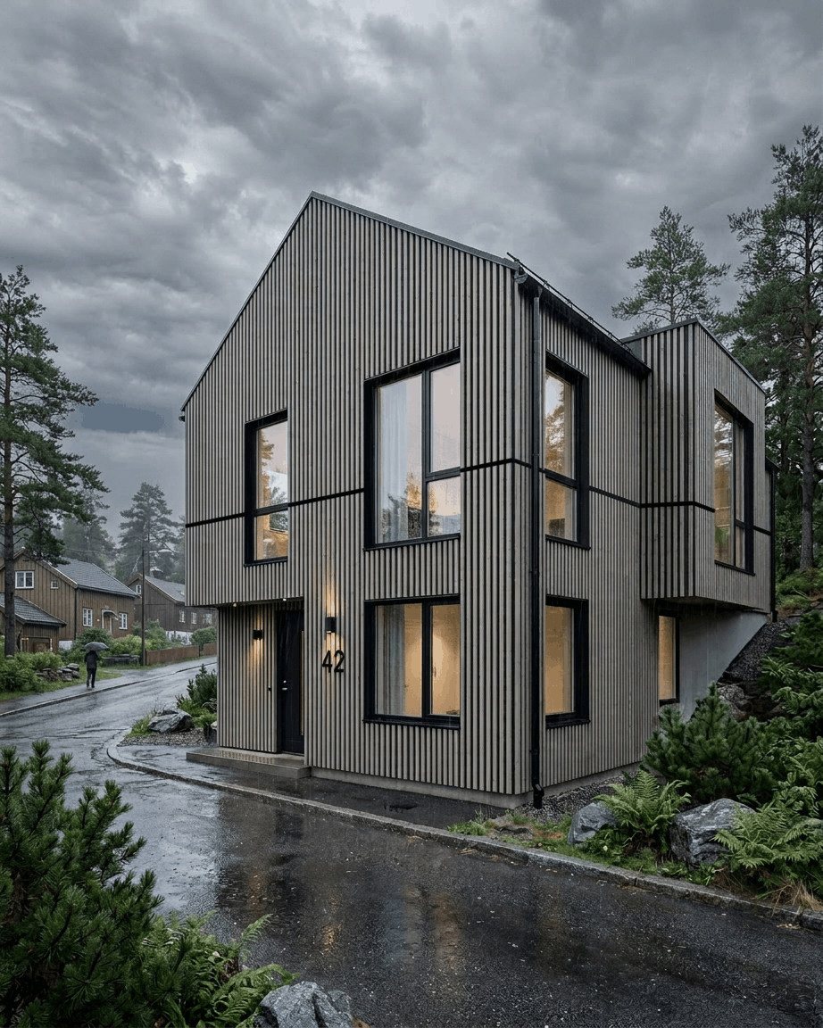 Casa moderna de dois pisos com janelas large, com painéis de fachada WoodUpp Aluwood Thermowood Grey, num dia de chuva e rodeada por árvores e vegetação.