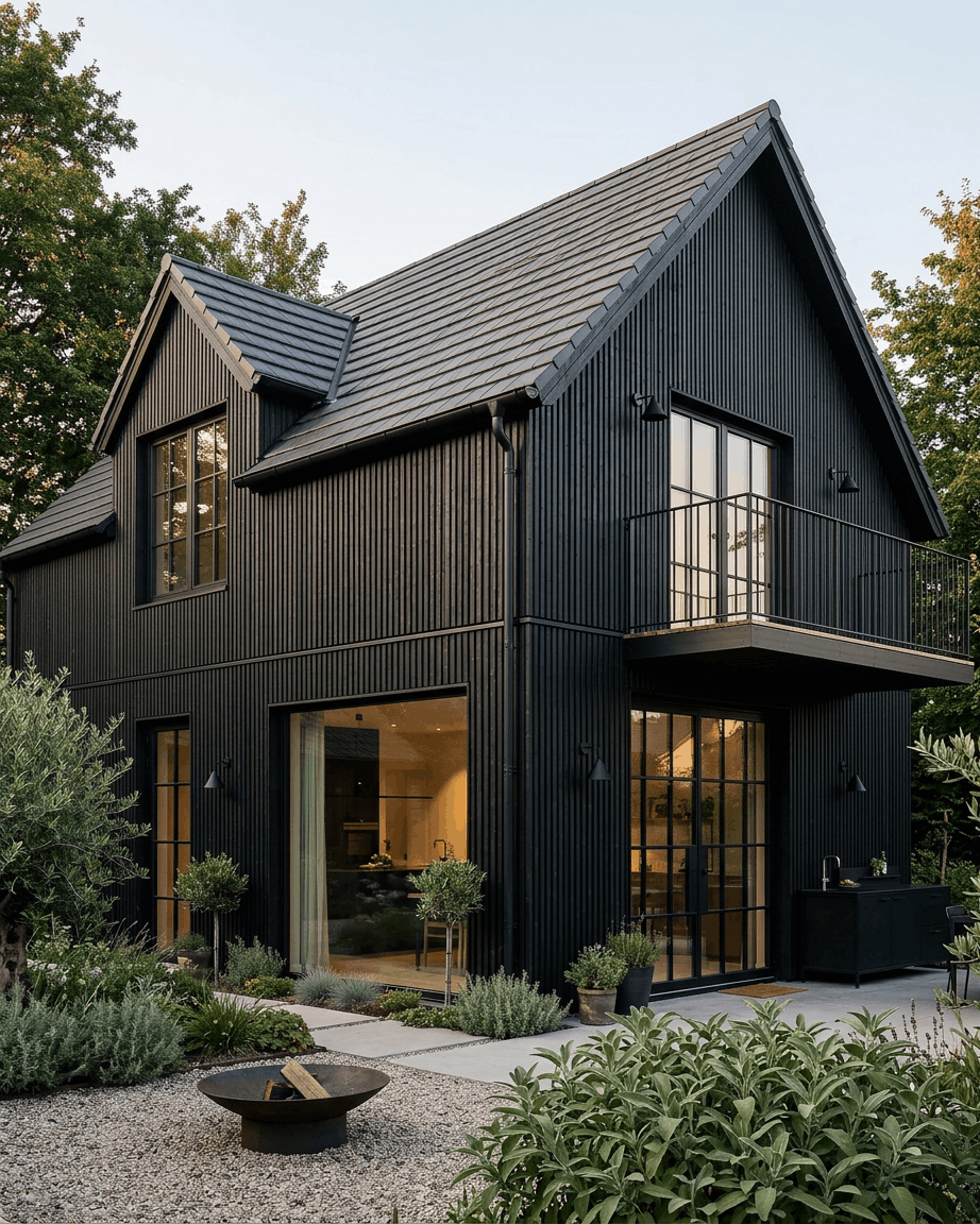 Casa preta com painéis de fachada WoodUpp Aluwood Thermowood, janelas amplas, varanda, cozinha ao ar livre, jardim ajardinado, árvores e uma fogueira na frente.