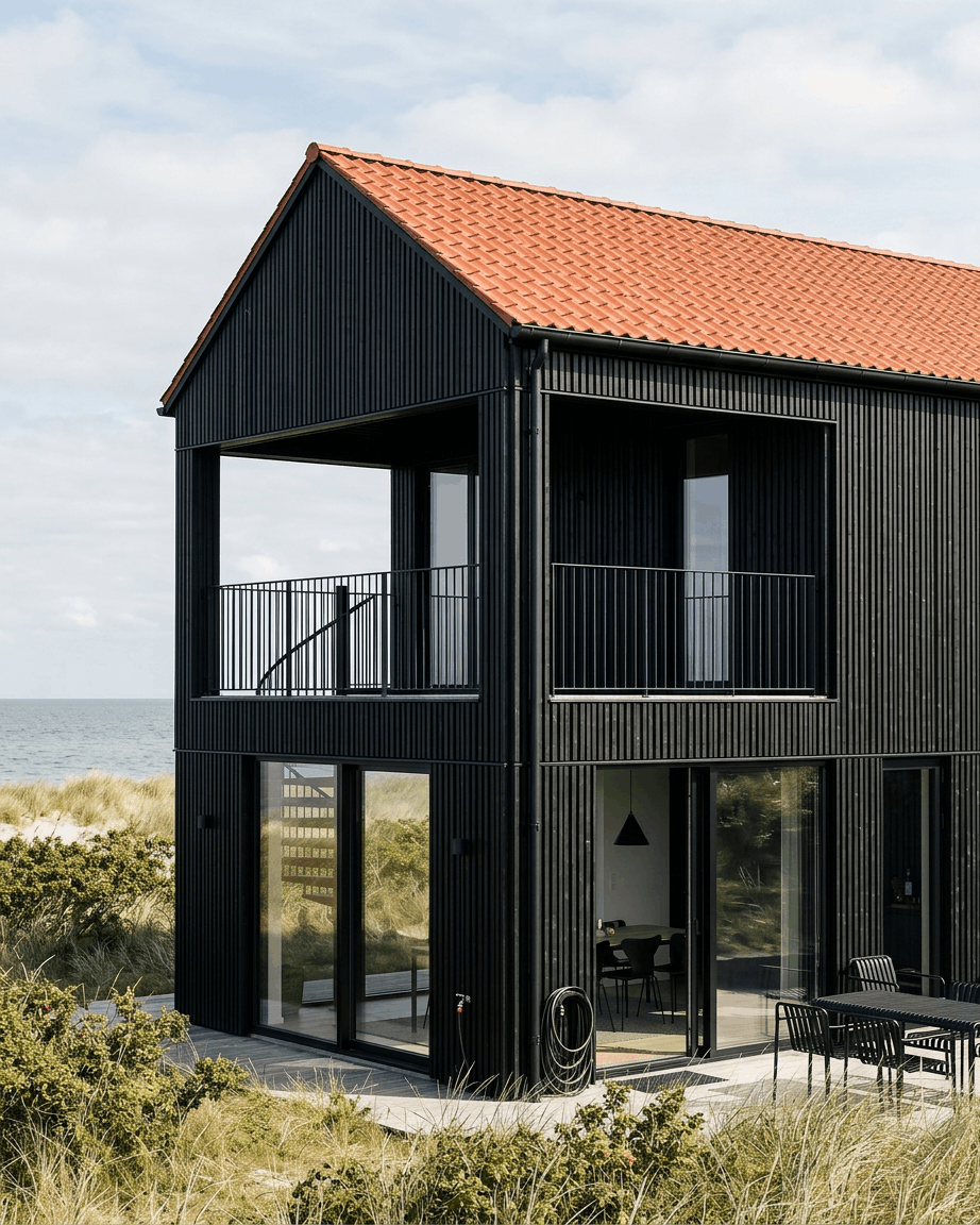 Modern house with large windows, red roof, WoodUpp Aluwood Thermowood Black facade panels (240 x 45.1 cm), near beach dunes and sea in the background.