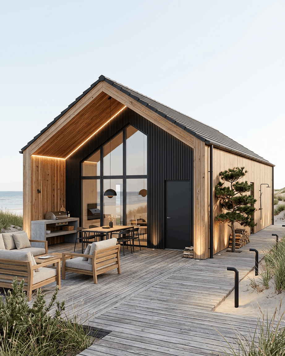 Casa de praia moderna com janelas de vidro large, zona de estar exterior e painéis de fachada WoodUpp Aluwood black, rodeada por dunas de areia e erva das praias.