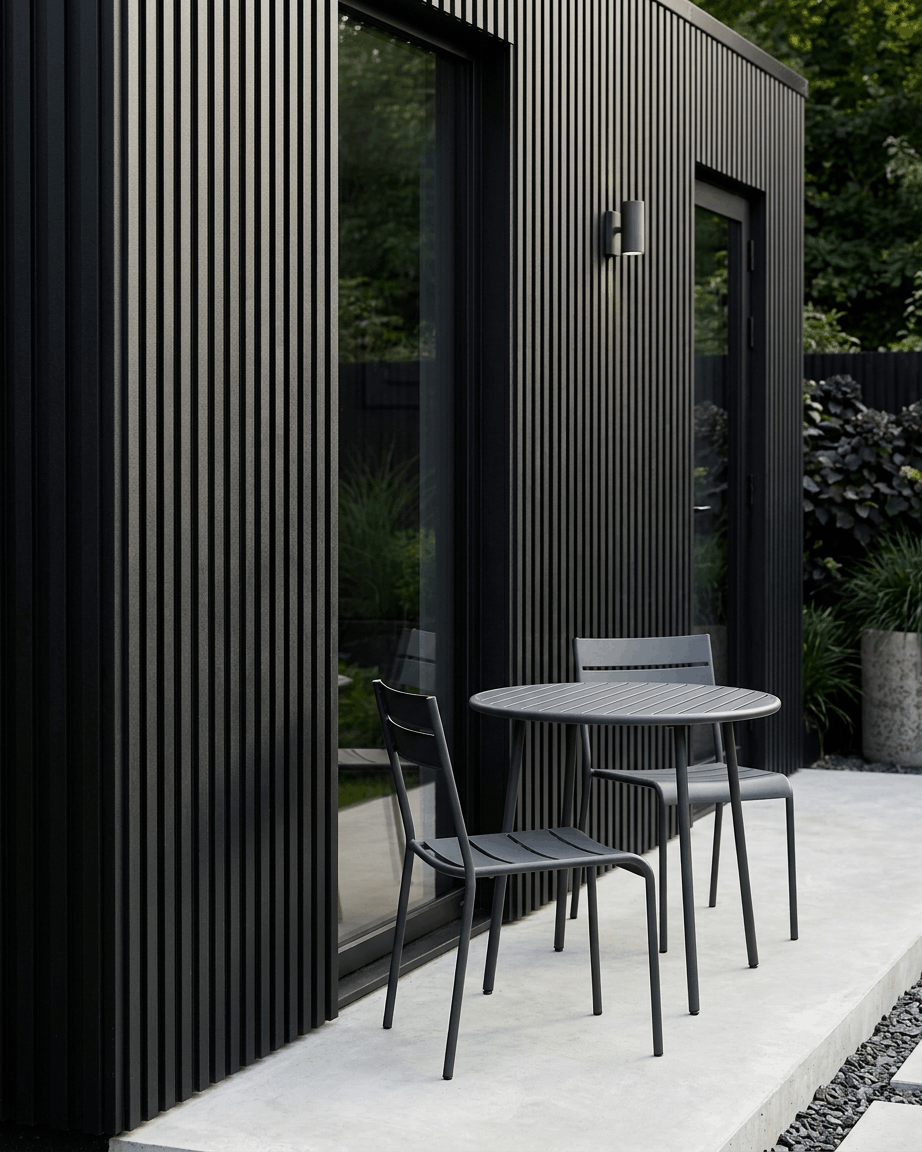 Mesa metálica Black e duas cadeiras num pátio junto a um edifício revestido com painel de fachada exterior WoodUpp Aluwood, black, tamanho 240 x 45,1 cm.
