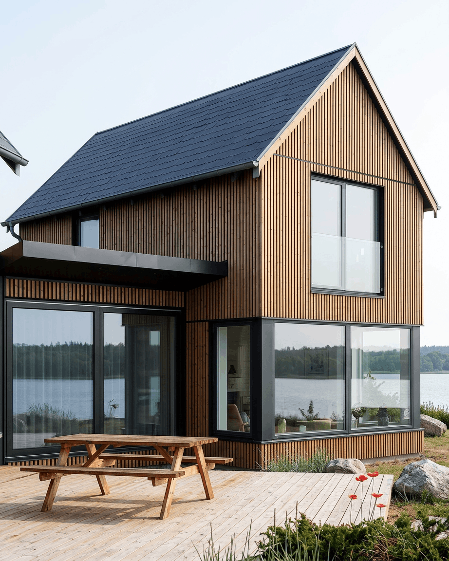 A casa junto ao lago, com janelas grandes e telhado inclinado, é revestida no exterior com painéis de fachada WoodUpp Aluwood na cor Thermowood Oiled Brown.