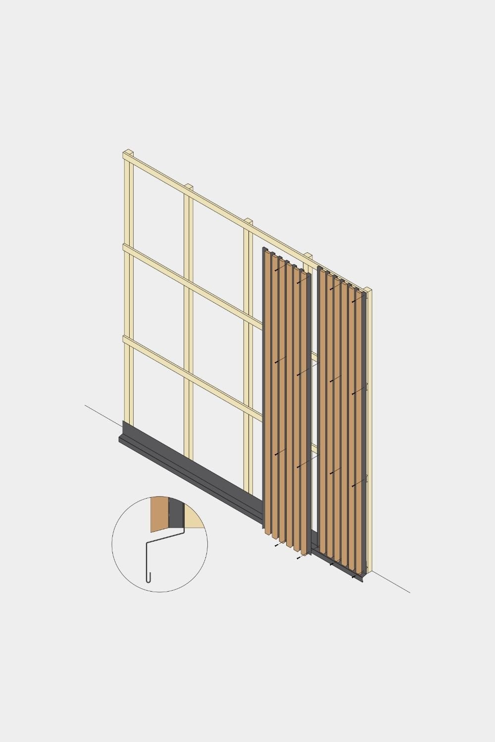 Desenho isométrico da instalação do painel de fachada WoodUpp Aluwood, secção inferior de 240 cm, mostrando ripas de madeira, acabamento black e o detalhe de fixação das ripas.