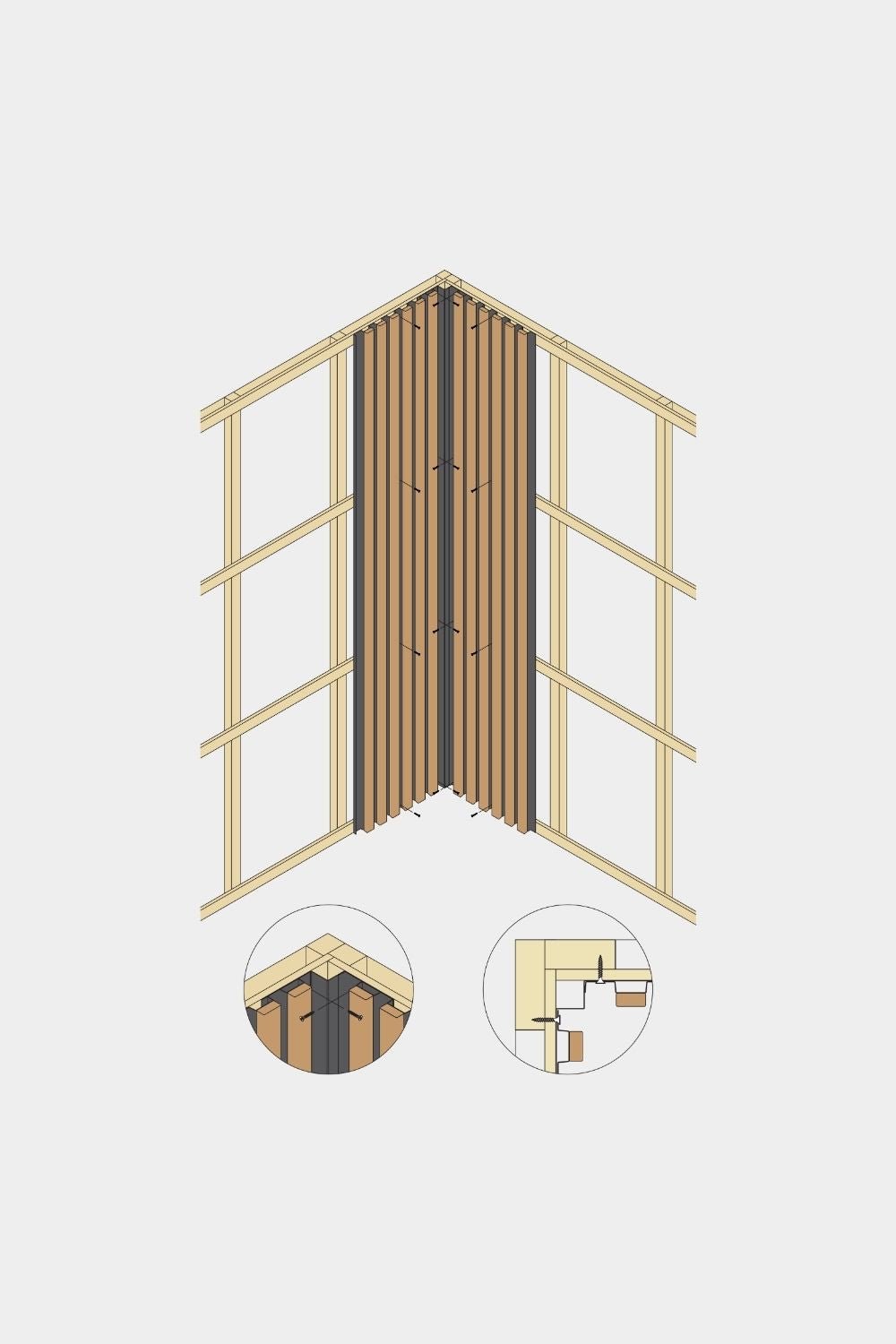 Diagrama isométrico do canto interior do painel de fachada Aluwood da WoodUpp, 240 cm, mostrando ripas de madeira com perfil de alumínio em duas vistas aproximadas detalhadas.
