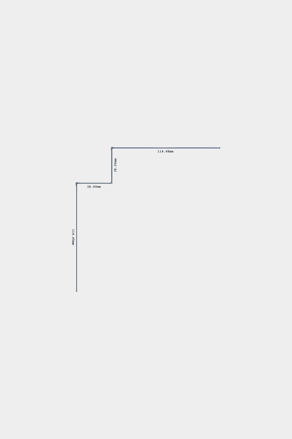 Desenho técnico linear do produto de instalação do canto interior Aluwood da WoodUpp, 240 cm, para painéis de fachada; dimensões 114,45 mm, 74,44 mm e 28,96 mm sobre fundo branco.