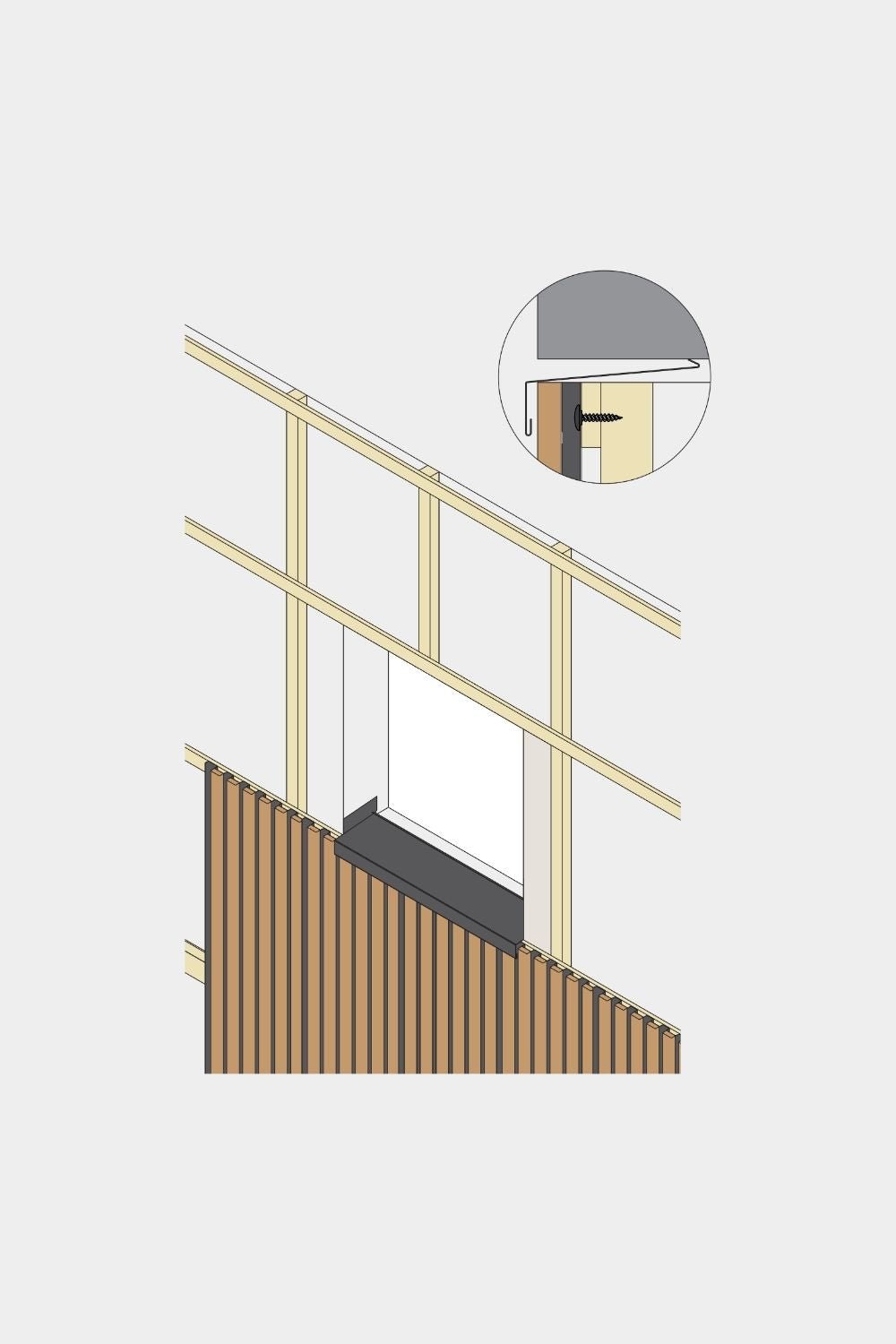 Diagrama de um peitoril de janela do painel de fachada WoodUpp Aluwood (240 cm), que detalha a prevenção da entrada de água no perfil de alumínio com fixação por parafuso.