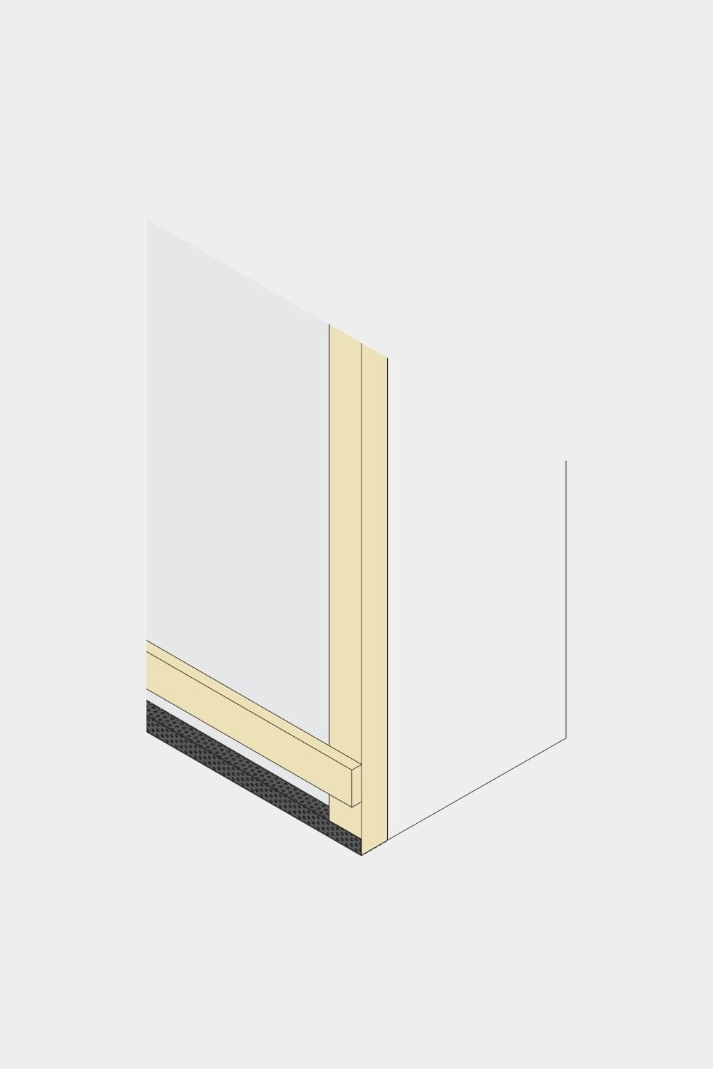 Diagrama isométrico de um canto de parede com painel de fachada WoodUpp Aluwood e rede anti-insetos, 240 cm, mostrando montantes, placa de base black e câmara ventilada.