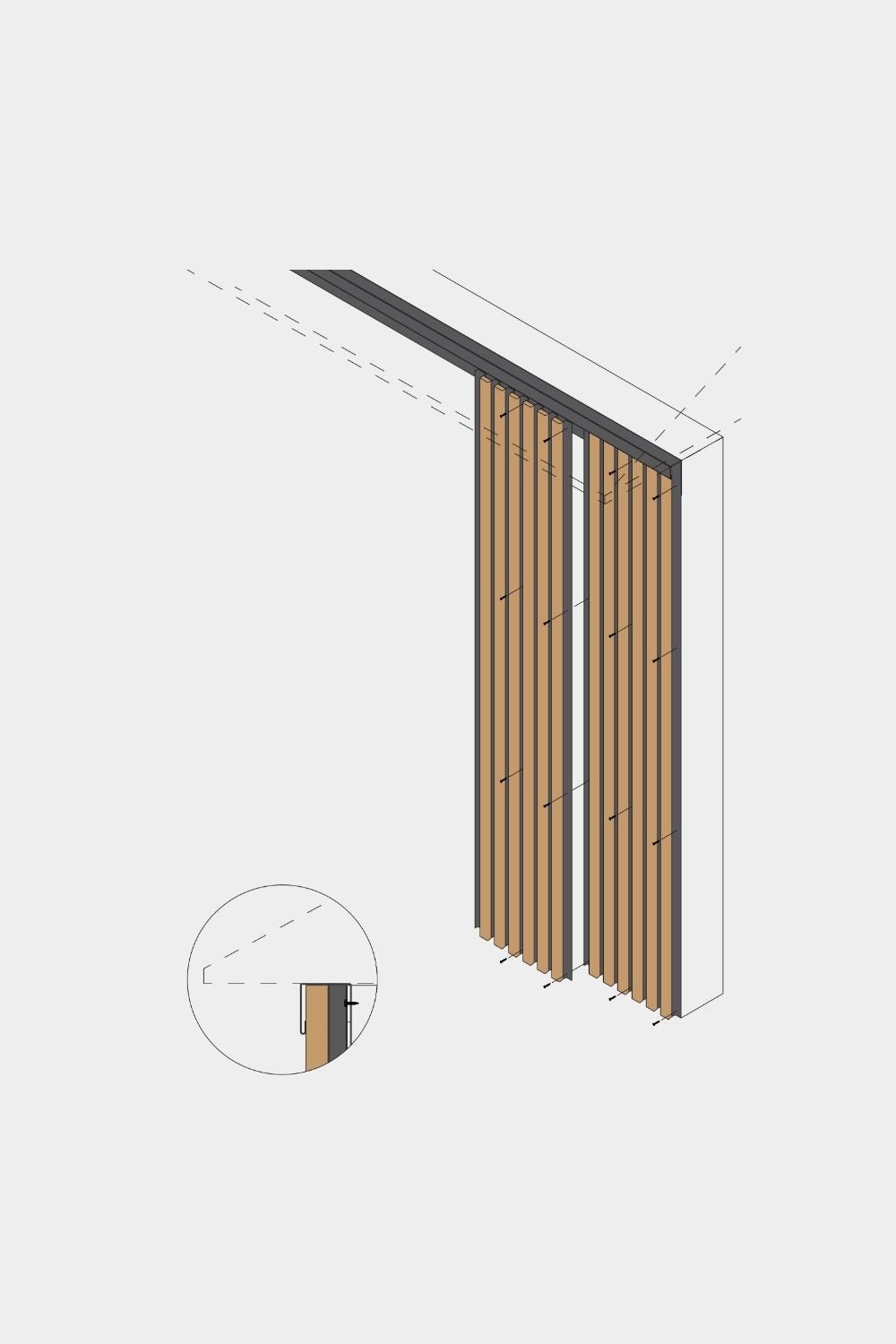 Vista isométrica dos painéis de fachada Aluwood da WoodUpp (240 cm), do chão ao teto, com detalhe ampliado da instalação no teto e do acabamento na parte superior.