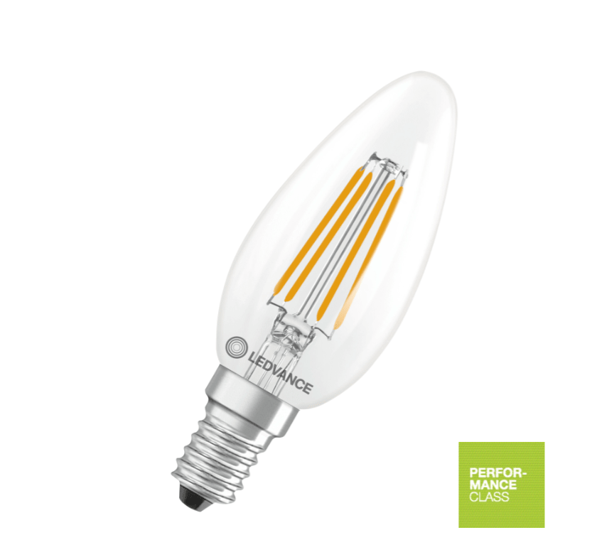 Lâmpada vela LED E14 WoodUpp, 3,4 W, 470 lm; vidro transparente com filamentos visíveis, casquilho de rosca prateado e etiqueta verde de Classe de Desempenho.
