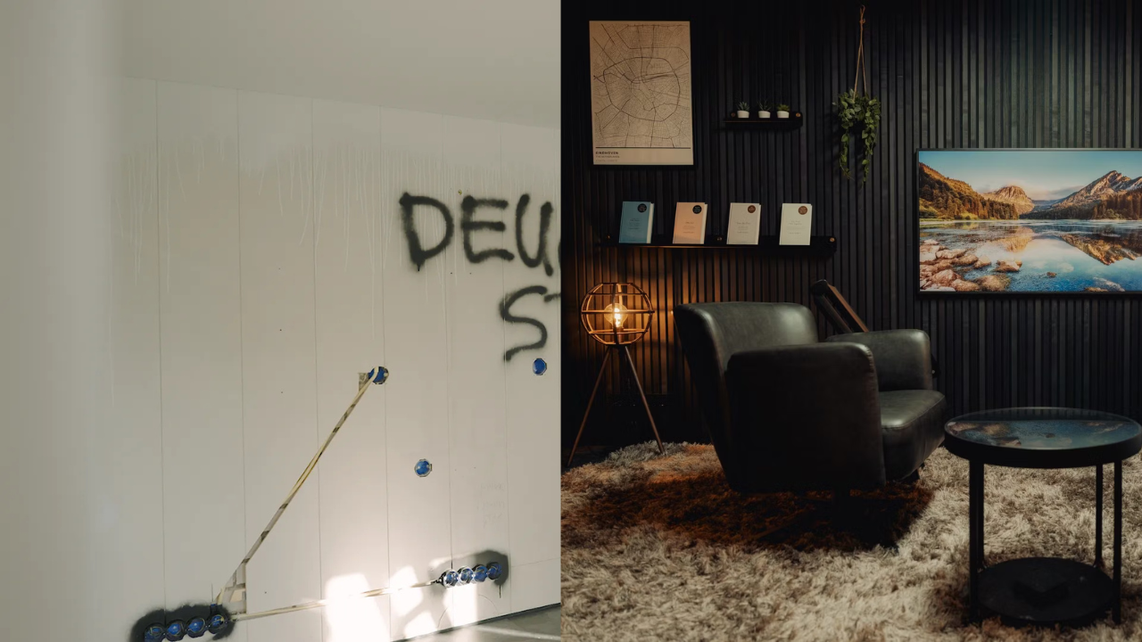 Imagem dividida: à esquerda, uma parede branca com fiação elétrica exposta e grafite; à direita, um quarto moderno com decoração nórdica e uma poltrona convidativa.