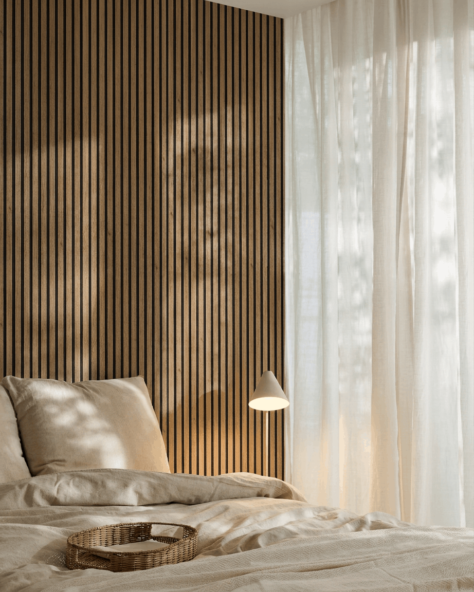 Quarto minimalista com uma parede de destaque em painel acústico ripado WoodUpp Akupanel (Carvalho Inglês, feltro Black), roupa de cama beige, tabuleiro entrançado, candeeiro de parede e cortinas leves.