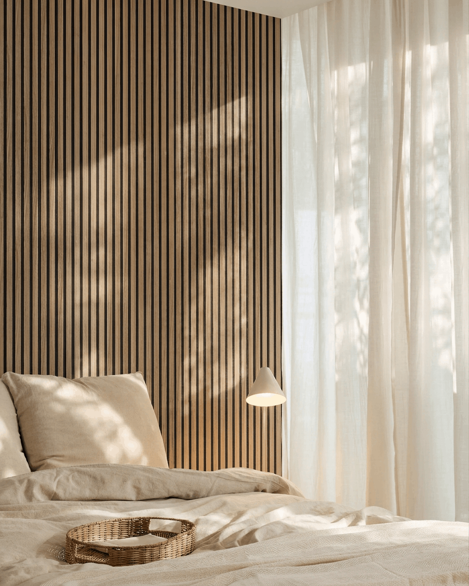 Quarto minimalista com beige roupa de cama, cortinas translúcidas, um candeeiro suspenso e uma parede de destaque com ripas acústicas de madeira WoodUpp Akupanel (Nogueira Inglesa) atrás da cama.