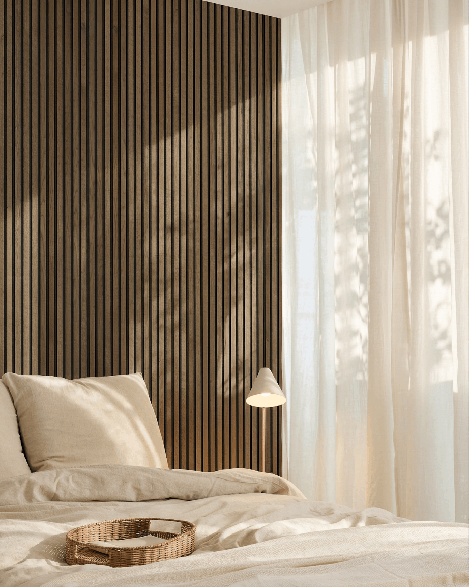 Quarto escandinavo minimalista com uma parede de destaque Painel acústico WoodUpp Akupanel Natural Wood, roupa de cama beige, tabuleiro em verga e cortinas translúcidas.
