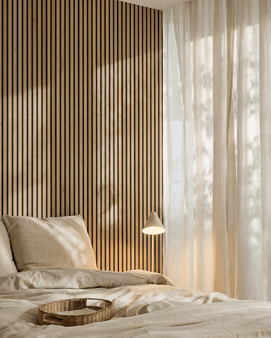 Quarto escandinavo minimalista com roupa de cama beige, painel acústico ripado Akupanel Natural Oak da WoodUpp, tabuleiro de verga sobre a cama e cortinas leves que filtram a luz.