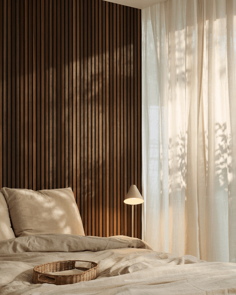 Quarto com roupa de cama beige, cortinas translúcidas e um painel de parede acústico ripado WoodUpp Akupanel em smoked larch com feltro black, enquanto a luz do sol entra.