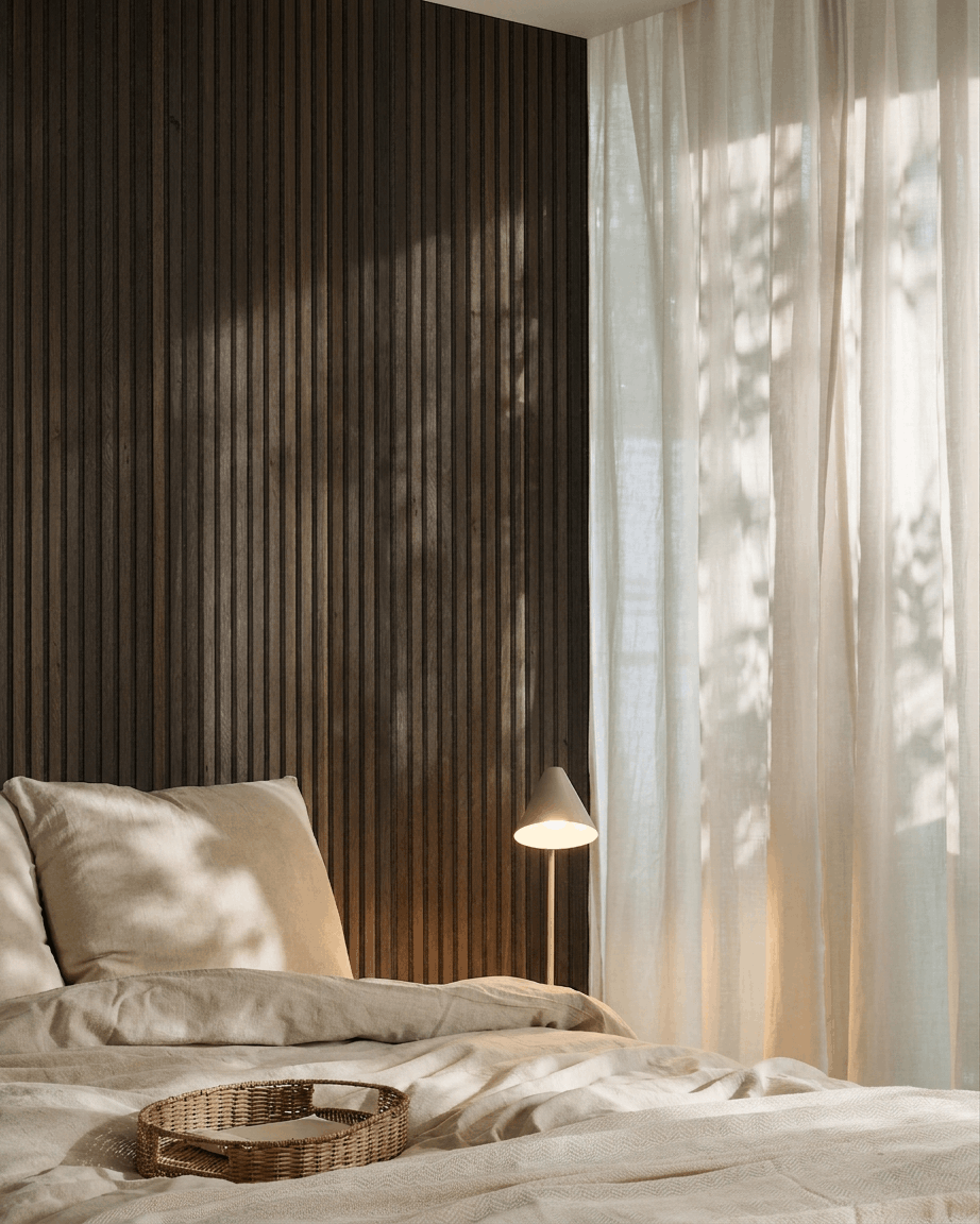 Cama com roupa de cama beige ao lado de um painel WoodUpp Akupanel em rustic smoked oak; decorado com um tabuleiro em vime, candeeiro moderno e cortinas translúcidas banhadas pelo sol.