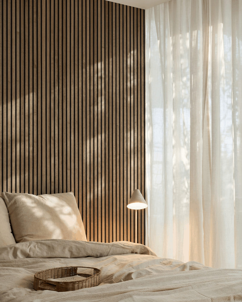 Quarto escandinavo minimalista com uma parede acústica ripada WoodUpp Akupanel em nogueira, roupa de cama beige, tabuleiro de vime sobre a cama e cortinas translúcidas a filtrar uma luz suave.