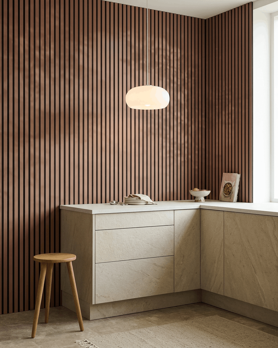 Cozinha com armários beige, banco de madeira e WoodUpp Akupanel Painel acústico em Clay Black Felt na parede. Candeeiro suspenso redondo por cima da bancada.