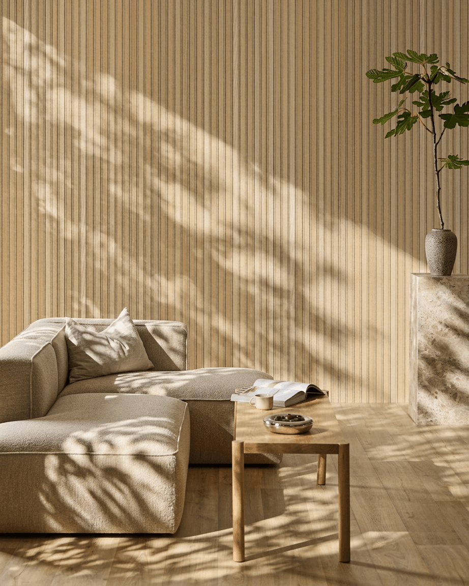 Sala de estar minimalista com um WoodUpp Akupanel Painel acústico em Classic Oak com Beige Felt, que proporciona estilo escandinavo e conforto acústico.