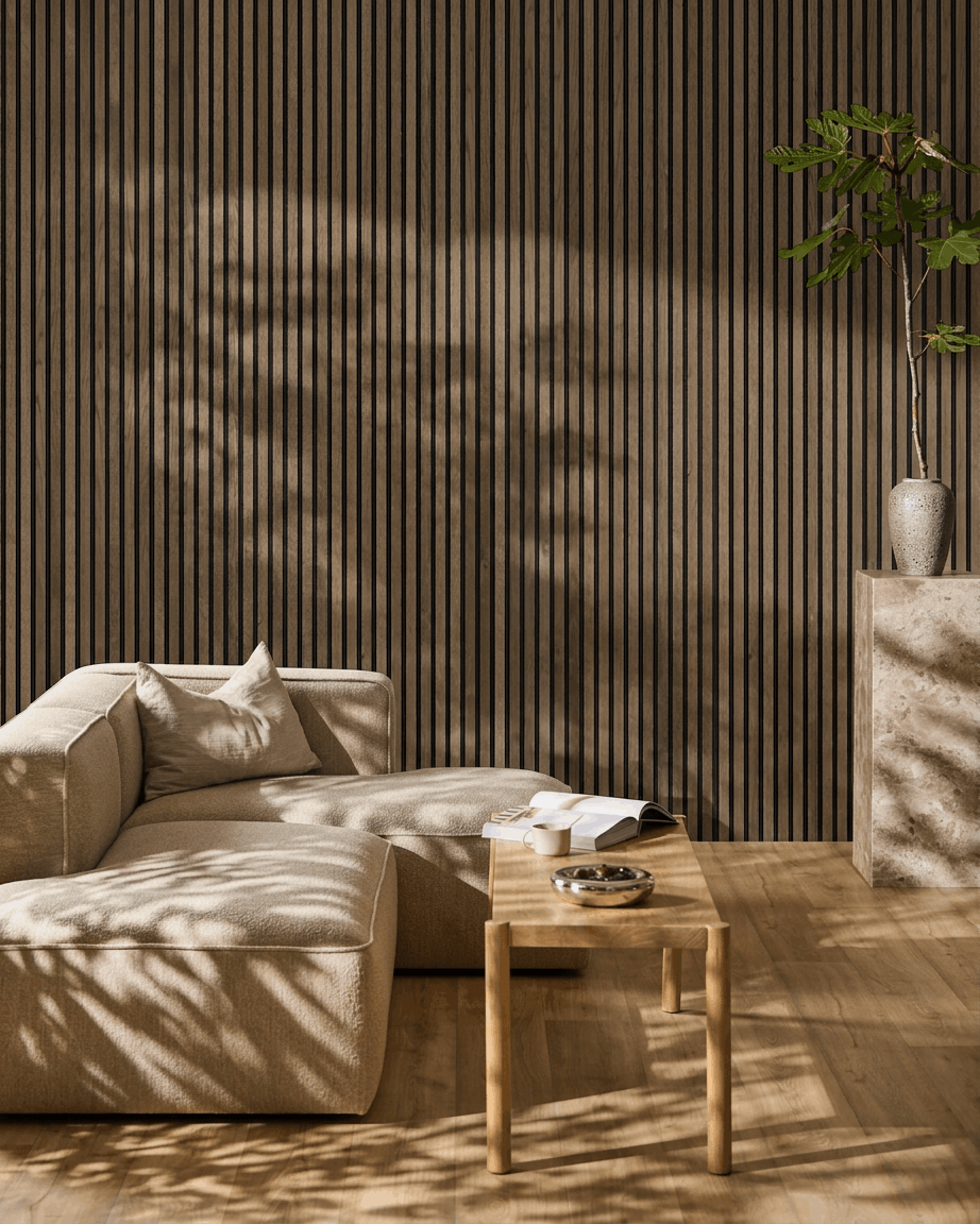 Sala de estar minimalista com sofá seccional beige, mesa de centro em madeira e planta; a luz do sol destaca o design nórdico e o Akupanel Painel acústico da WoodUpp em Rustic Grey Oak.