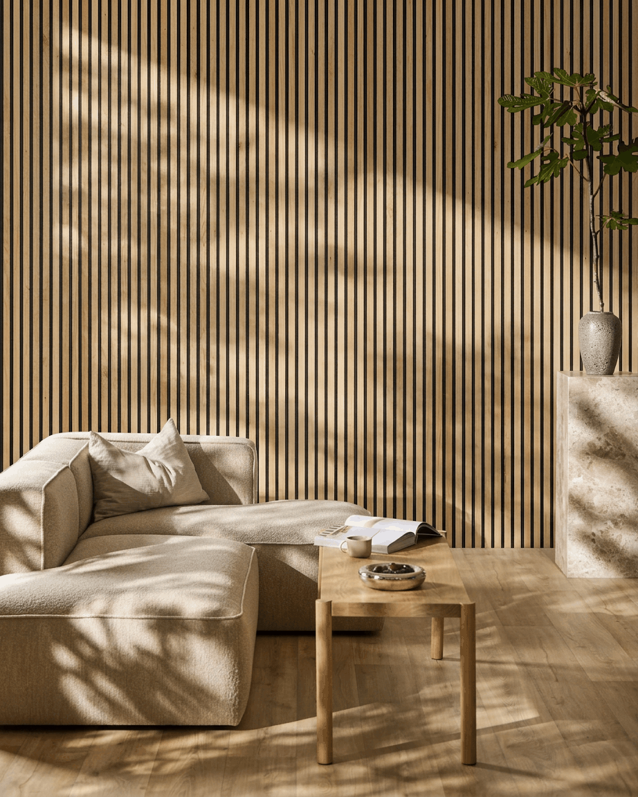 Sala de estar minimalista com um sofá beige, mesa de madeira, planta e um WoodUpp Akupanel Rustic Natural Oak Painel acústico iluminado por luz solar suave.