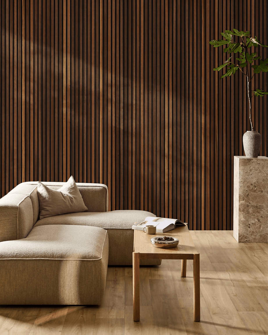 Akupanel | Acoustic Panel / Natural Wood, Smoked Larch, Black Felt, 240 x 60 cm 