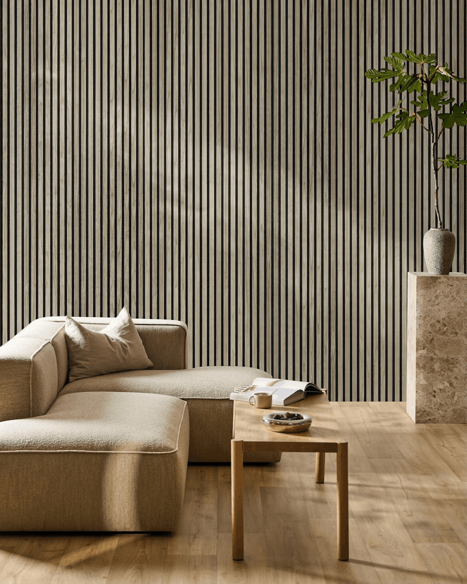 Akupanel | Acoustic Panel / Wood-like, Weathered Oak, Black Felt, 240 x 60 cm 