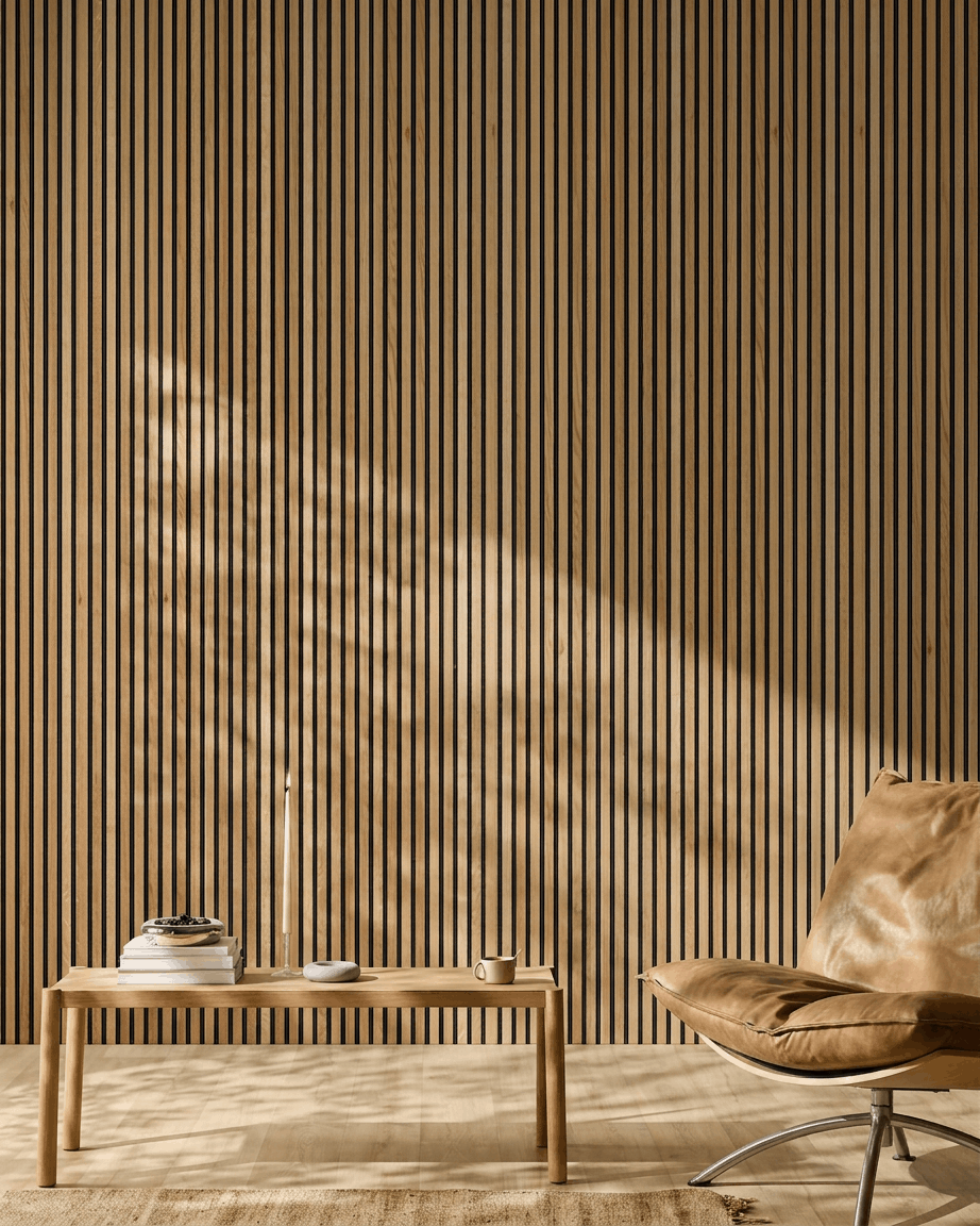 Sala minimalista com uma cadeira de pele castanha-clara, mesa baixa em madeira e um painel acústico WoodUpp Akupanel com ripas de madeira em acabamento Rustic Brown Oak, iluminado pela luz do sol.