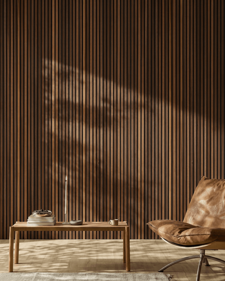 Interior escandinavo com um WoodUpp Akupanel Painel acústico em larício fumado, cadeira em pele brown, mesa de madeira e luz natural a entrar pelo chão.