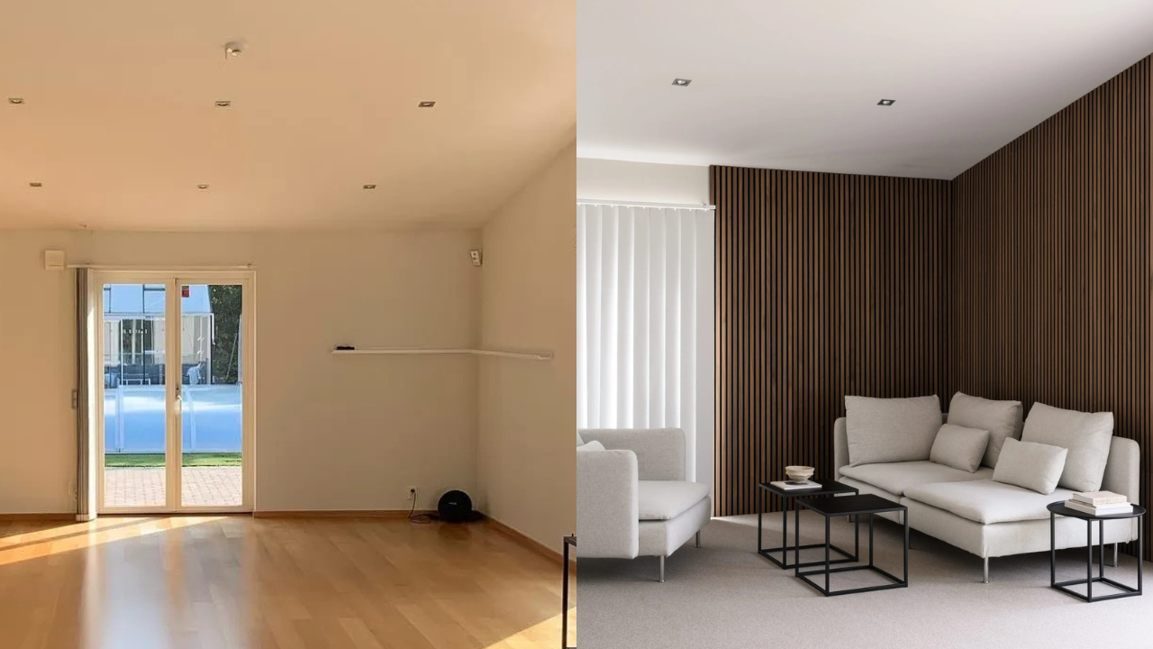 Cena dividida: o lado esquerdo mostra um cômodo vazio com piso de madeira e portas de vidro; o lado direito apresenta uma sala de estar com sofás e parede de ripas acústicas Akupanel.