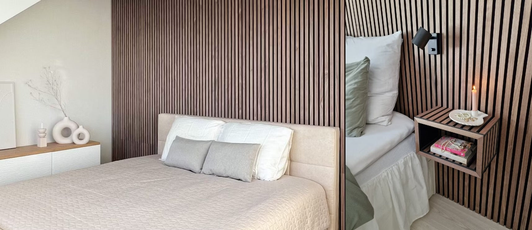 Um quarto moderno com uma cama bege, travesseiros neutros e uma parede de acento de madeira texturizada Akupanel atrás de uma mesa de cabeceira flutuante com livros e uma pequena luminária.