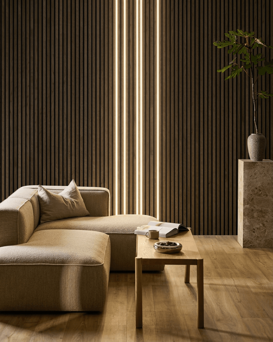 Sala de estar minimalista com um sofá beige, mesa de centro em madeira e vaso alto, em frente a uma parede com painel acústico em madeira Akupanel da WoodUpp, iluminada pela fita LED Lumi.