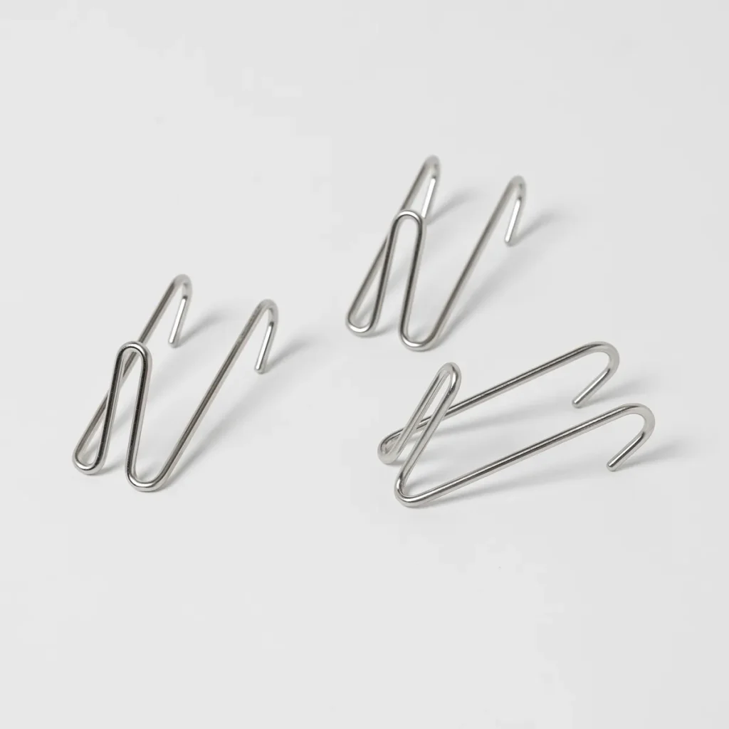 Imagem com três ganchos ondulados prateados da WoodUpp, em aço inox, formato duplo em 'M', pequeno e compacto, acabamento liso e brilhante, extremidades em gancho abertas e discretas. Produtos minimalistas para pendurar e organizar objetos, dispostos sobre fundo branco neutro.