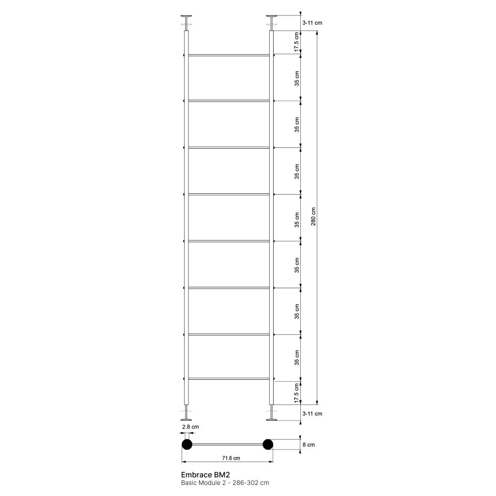 Desenho técnico da WoodUpp do módulo Embrace BM2 (Basic Module 2). Estrutura com duas colunas tensionadas e oito prateleiras horizontais espaçadas ≈35 cm, bases e topes ajustáveis, indicação de altura total 286–302 cm e ajuste 3–11 cm, com medidas detalhadas para montagem.
