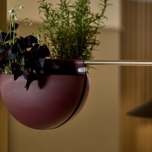 Imagem mostra um vaso pendente WoodUpp em tom bordô, formato semiesférico, preso a uma haste metálica por um clipe/gancho com logo. Vaso contém folhagens escuras e ervas verdes, criando contraste; design minimalista e elegante, ideal para suspensão em varandas ou interiores.