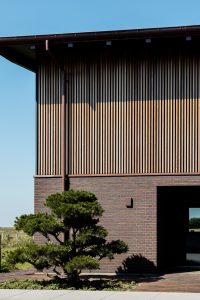 Fachada com revestimento ripado vertical WoodUpp em madeira natural, parede de tijolo escuro, calha e descida de água metálica, e deck WoodUpp na entrada. Em primeiro plano, um pequeno pinheiro podado em jardim rasteiro projeta sombra sobre o pavimento, céu azul ao fundo.